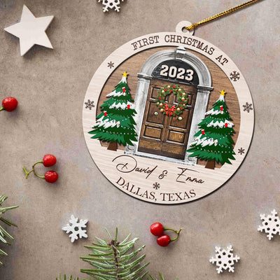First Christmas New Home 3 Layered Piece Wooden Ornaments Custom Name, Year And Address, New House Gift, Family Ornaments