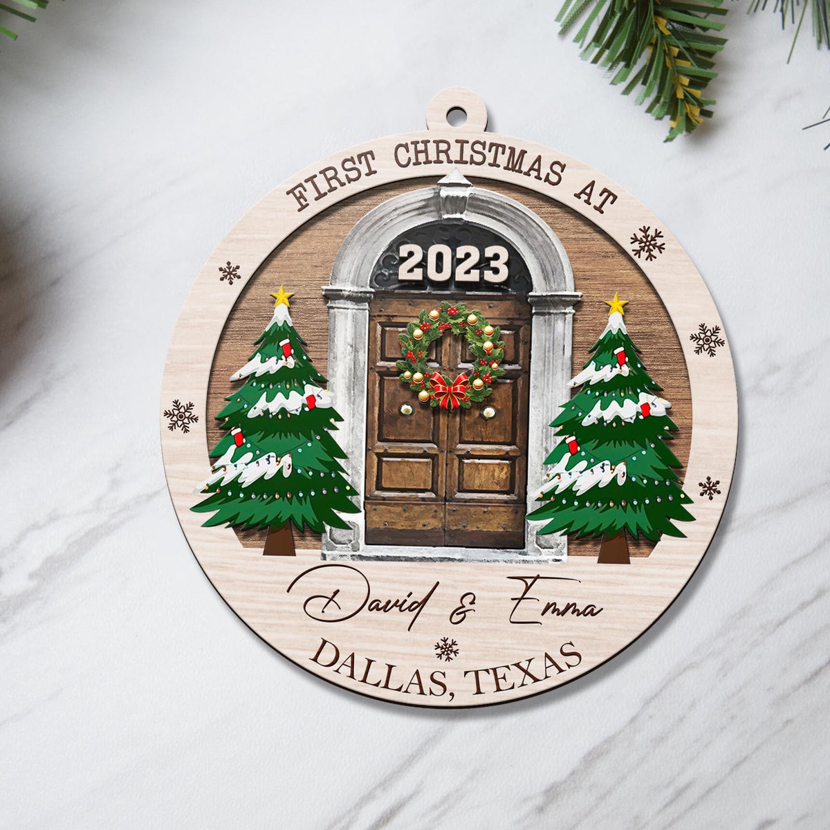 First Christmas New Home 3 Layered Piece Wooden Ornaments Custom Name, Year And Address, New House Gift, Family Ornaments