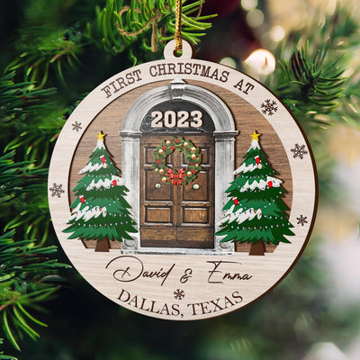 First Christmas New Home 3 Layered Piece Wooden Ornaments Custom Name, Year And Address, New House Gift, Family Ornaments
