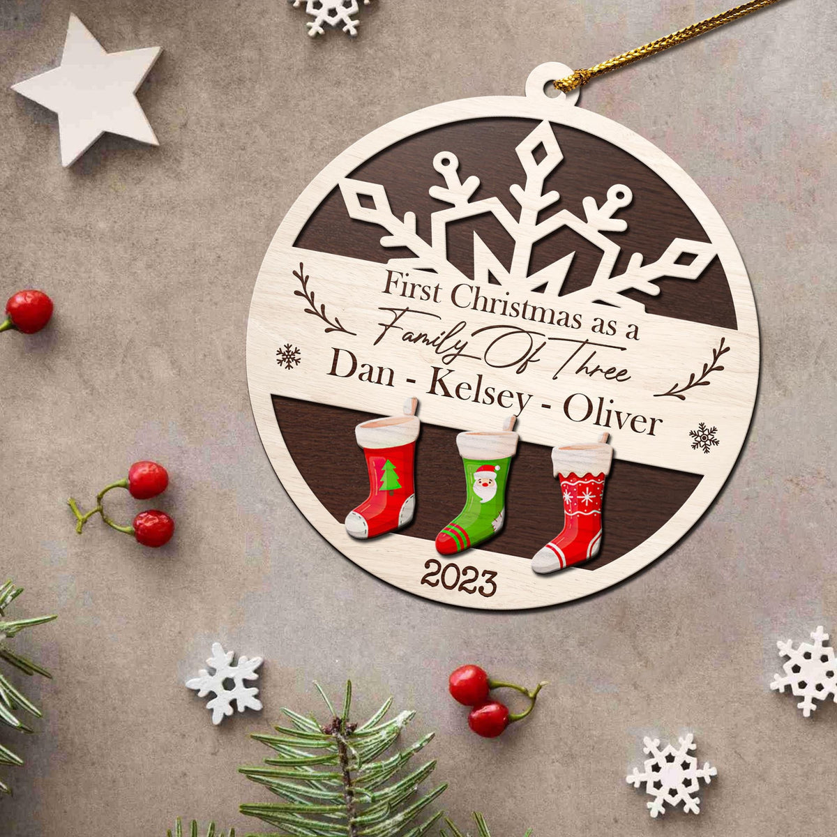 Baby’S First Christmas 3 Layered Piece Wooden Ornaments Custom Custom Name, Date, Address, Time, Weight, Capacity, Christmas Ornaments, Baby Stats Birth Stats