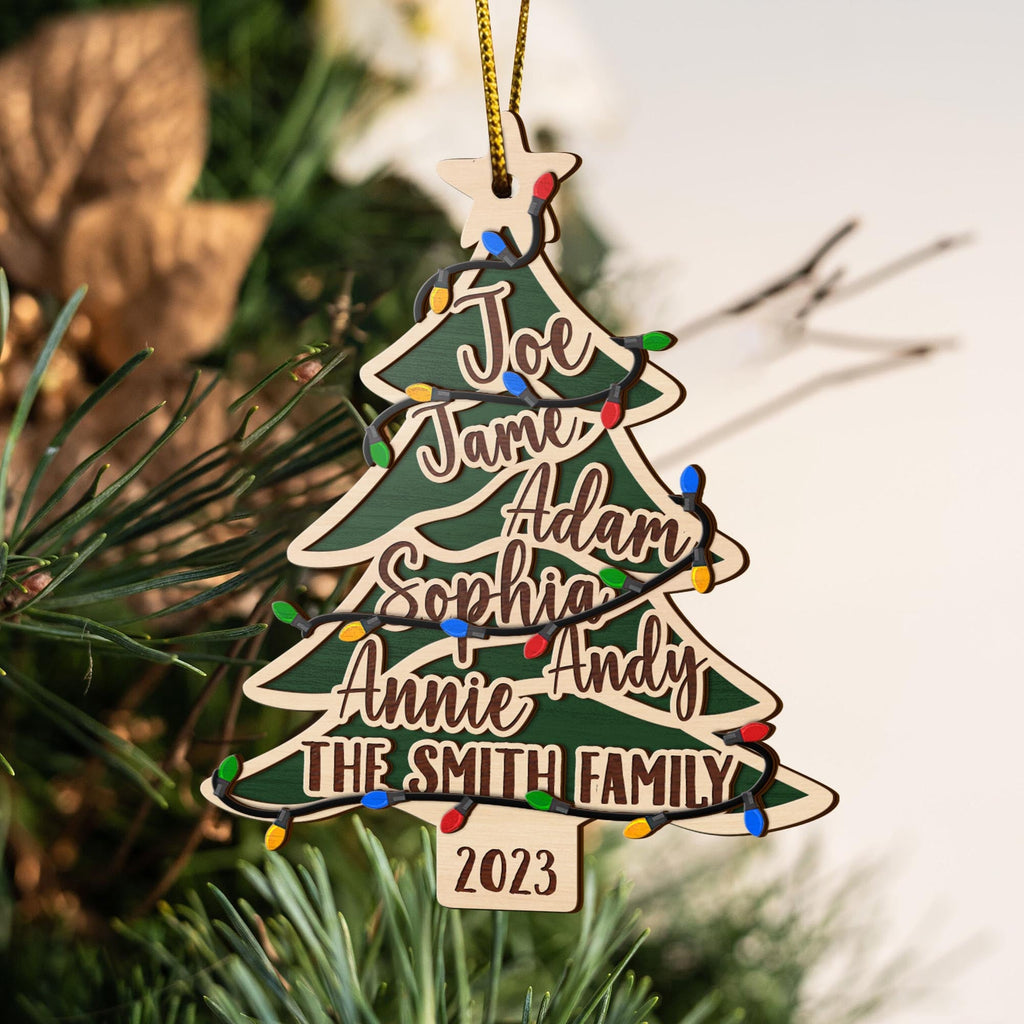 Family Christmas 3 Layered Piece Wooden Ornaments Custom Names, Dog’S Names And Year, Family Christmas Ornaments, Gift For Family
