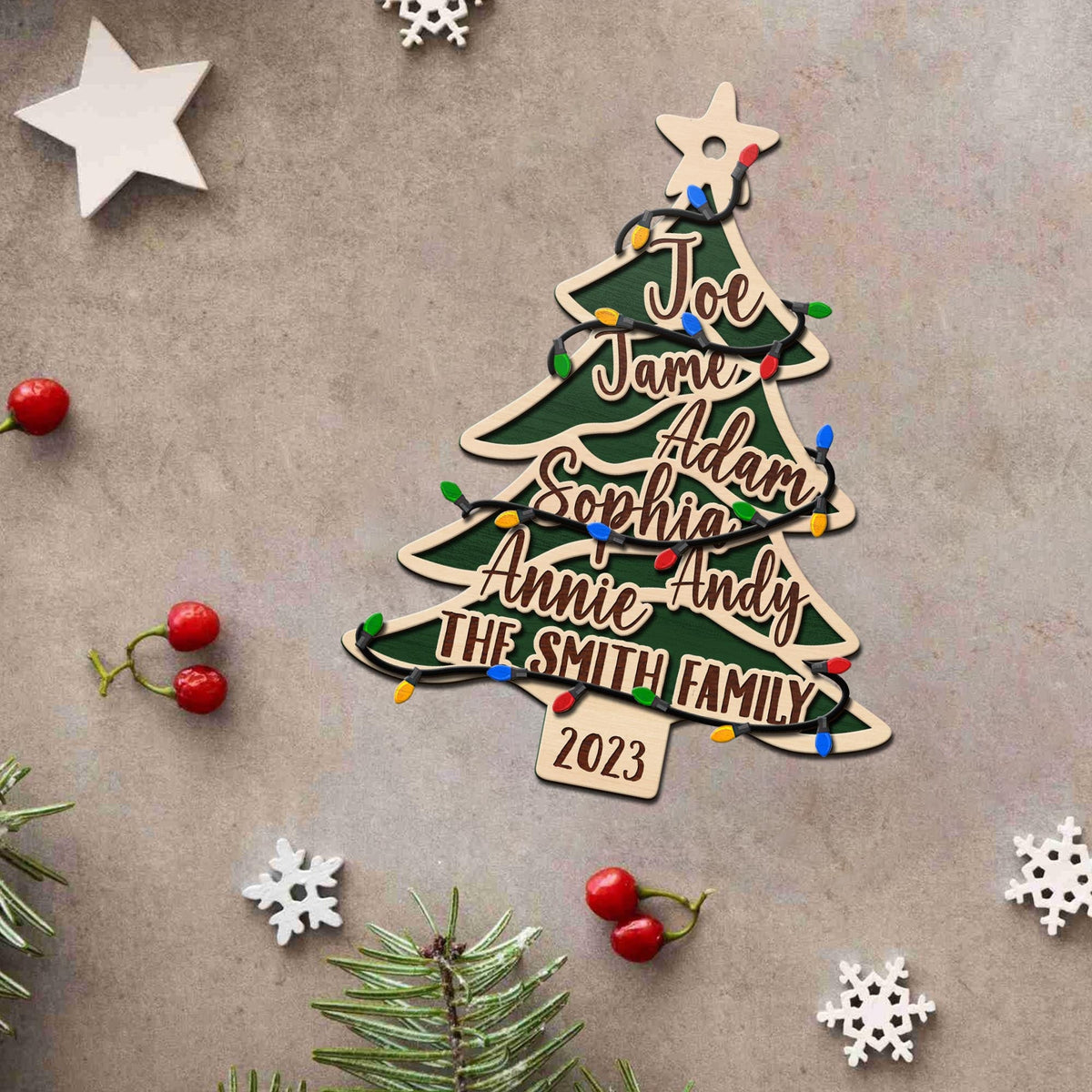 Family Christmas 3 Layered Piece Wooden Ornaments Custom Names, Dog’S Names And Year, Family Christmas Ornaments, Gift For Family