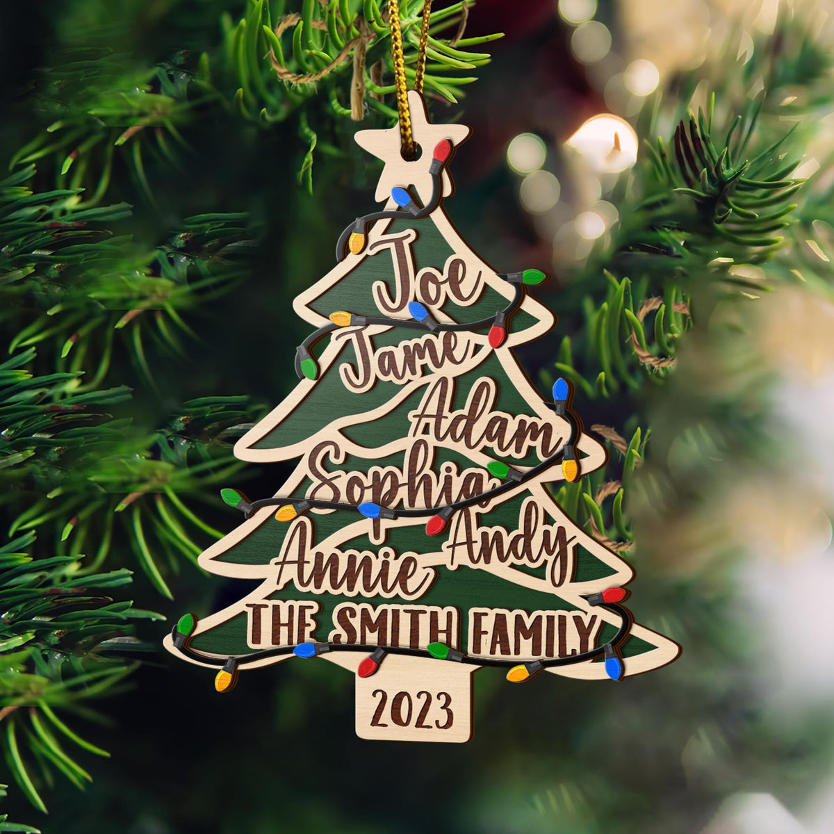 Family Christmas 3 Layered Piece Wooden Ornaments Custom Names, Dog’S Names And Year, Family Christmas Ornaments, Gift For Family
