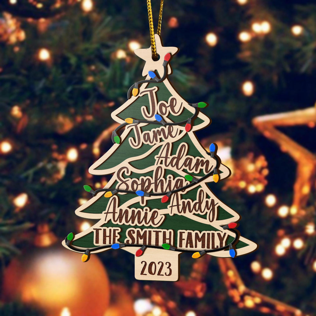 Family Christmas 3 Layered Piece Wooden Ornaments Custom Names, Dog’S Names And Year, Family Christmas Ornaments, Gift For Family