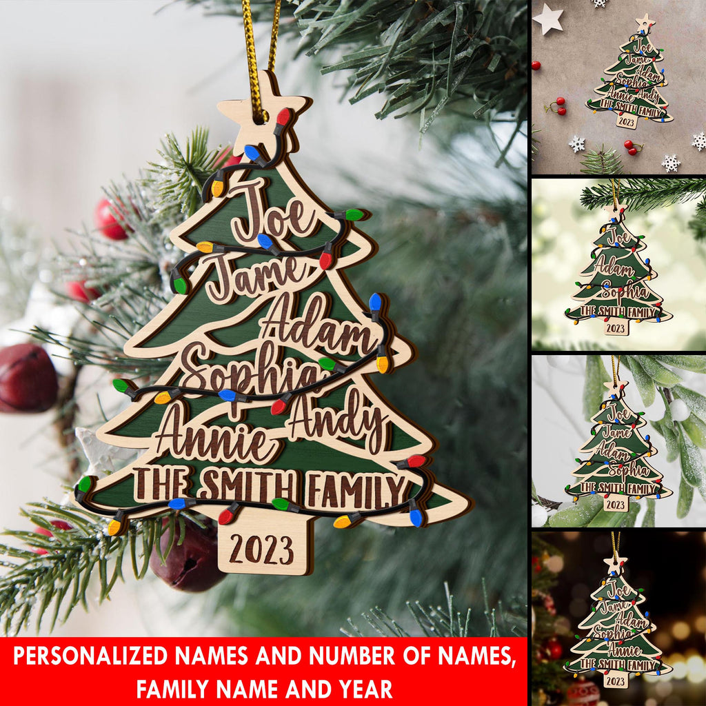 Family Christmas 3 Layered Piece Wooden Ornaments Custom Names, Dog’S Names And Year, Family Christmas Ornaments, Gift For Family
