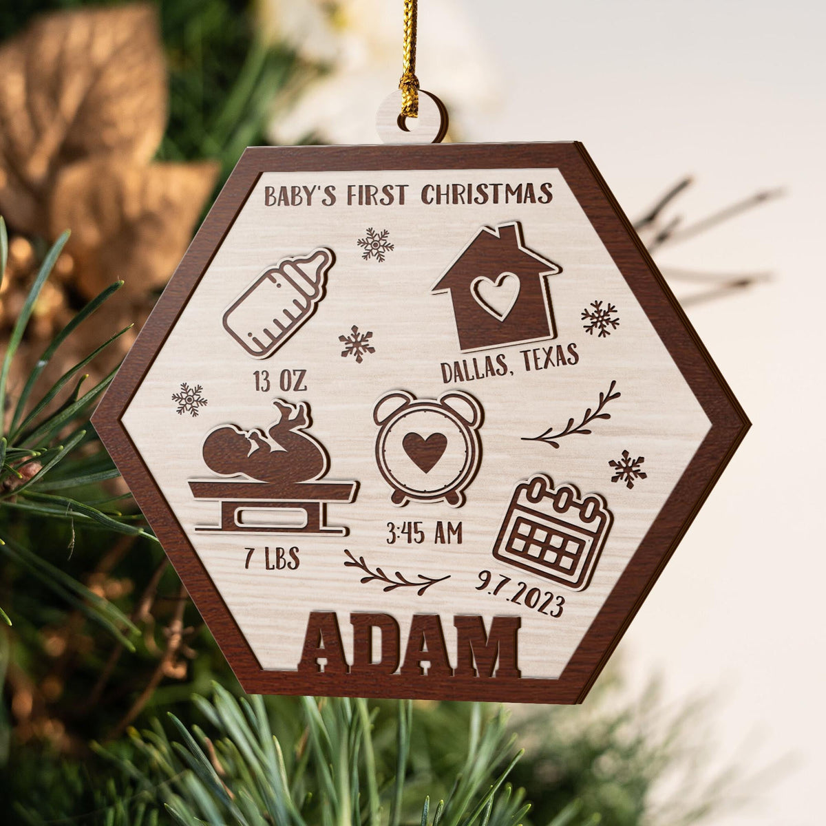 Baby’S First Christmas 3 Layered Piece Wooden Ornaments Custom Name, Date, Lbs, And Address, Gift For Family, Christmas Ornaments