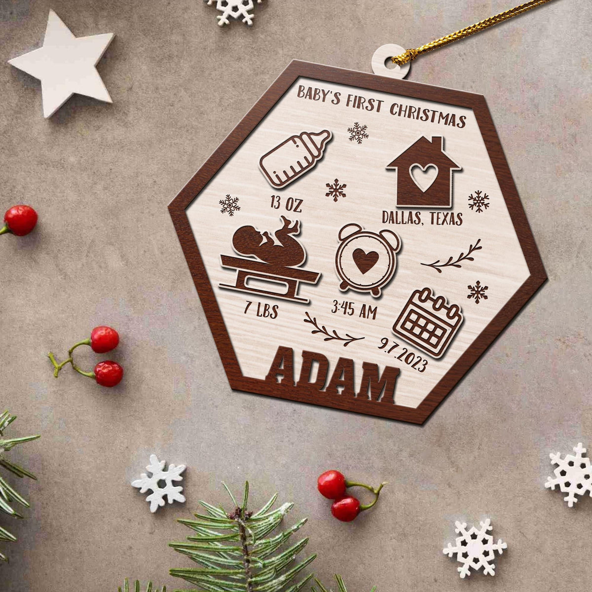 Baby’S First Christmas 3 Layered Piece Wooden Ornaments Custom Name, Date, Lbs, And Address, Gift For Family, Christmas Ornaments