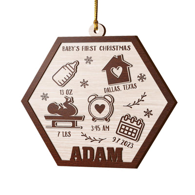 Baby’S First Christmas 3 Layered Piece Wooden Ornaments Custom Name, Date, Lbs, And Address, Gift For Family, Christmas Ornaments