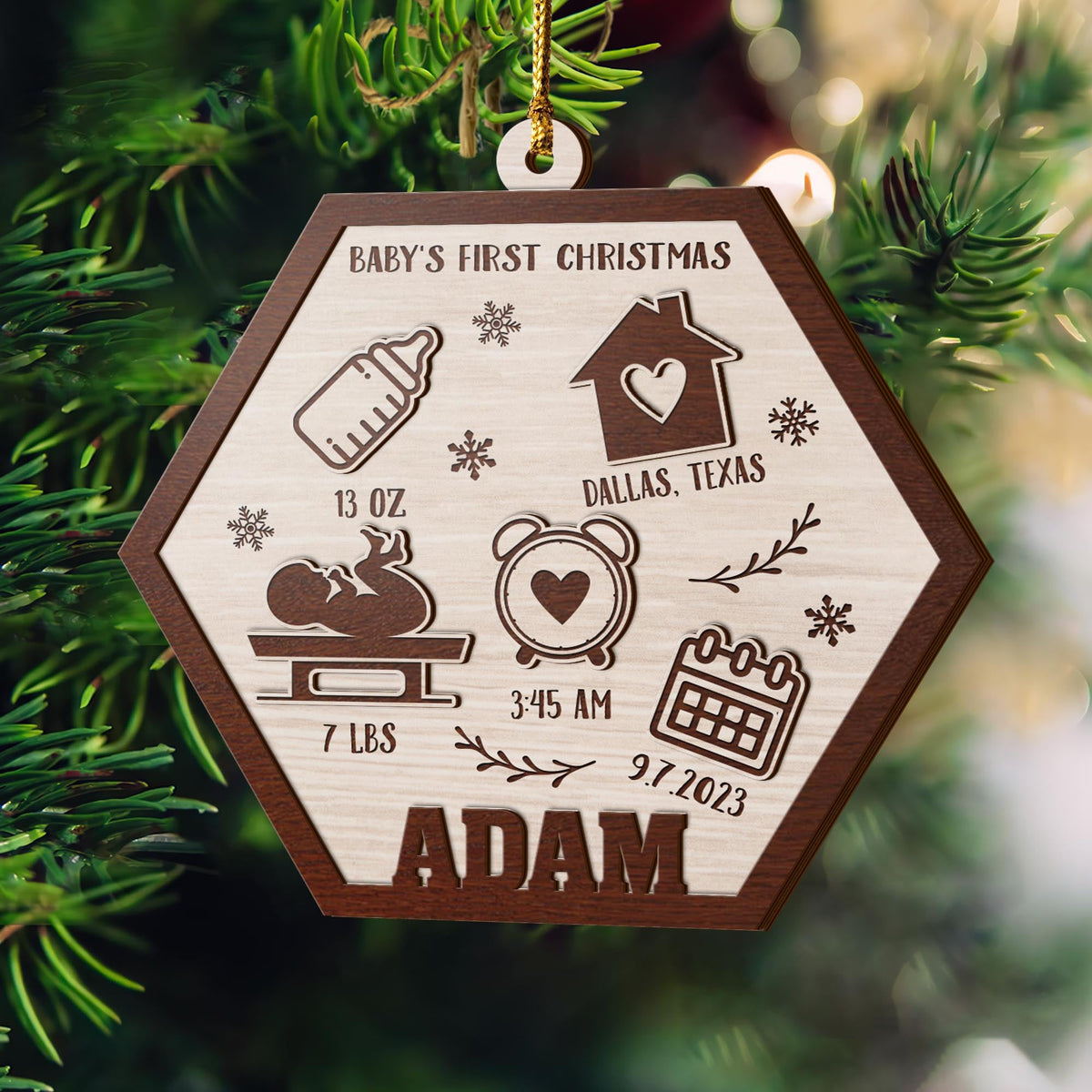 Baby’S First Christmas 3 Layered Piece Wooden Ornaments Custom Name, Date, Lbs, And Address, Gift For Family, Christmas Ornaments