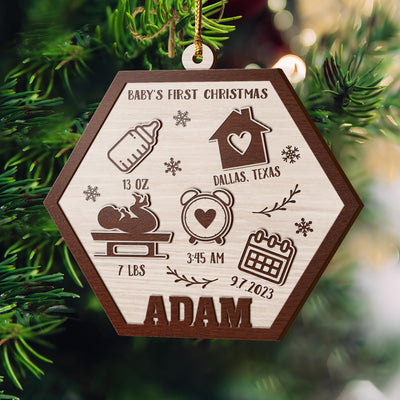 Baby’S First Christmas 3 Layered Piece Wooden Ornaments Custom Name, Date, Lbs, And Address, Gift For Family, Christmas Ornaments