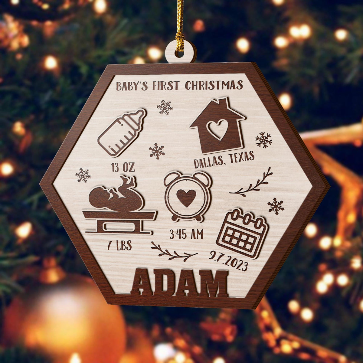Baby’S First Christmas 3 Layered Piece Wooden Ornaments Custom Name, Date, Lbs, And Address, Gift For Family, Christmas Ornaments