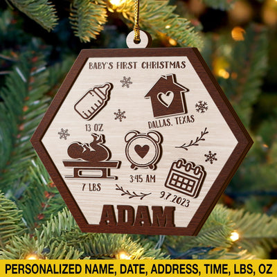 Baby’S First Christmas 3 Layered Piece Wooden Ornaments Custom Name, Date, Lbs, And Address, Gift For Family, Christmas Ornaments