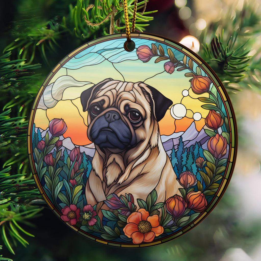 Pug Wooden Ornaments 2 Sides, Pug Ornaments For Christmas Tree, Christmas Tree Hanging Decorations
