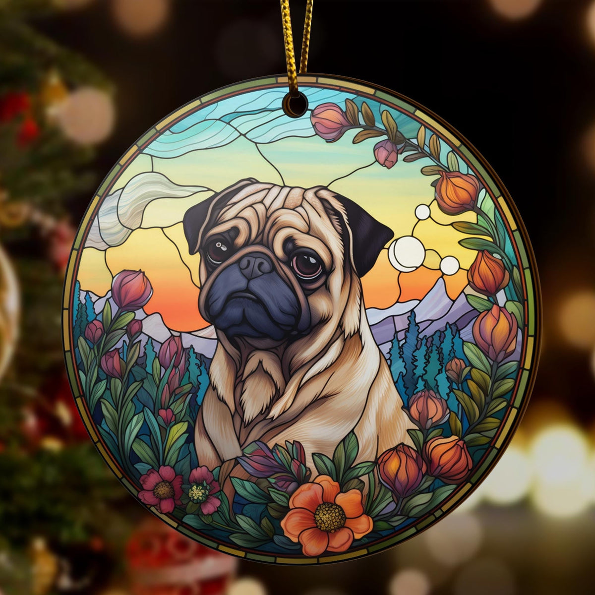 Pug Wooden Ornaments 2 Sides, Pug Ornaments For Christmas Tree, Christmas Tree Hanging Decorations