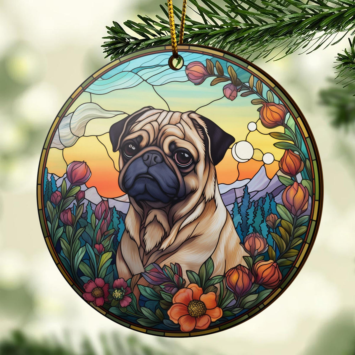 Pug Wooden Ornaments 2 Sides, Pug Ornaments For Christmas Tree, Christmas Tree Hanging Decorations