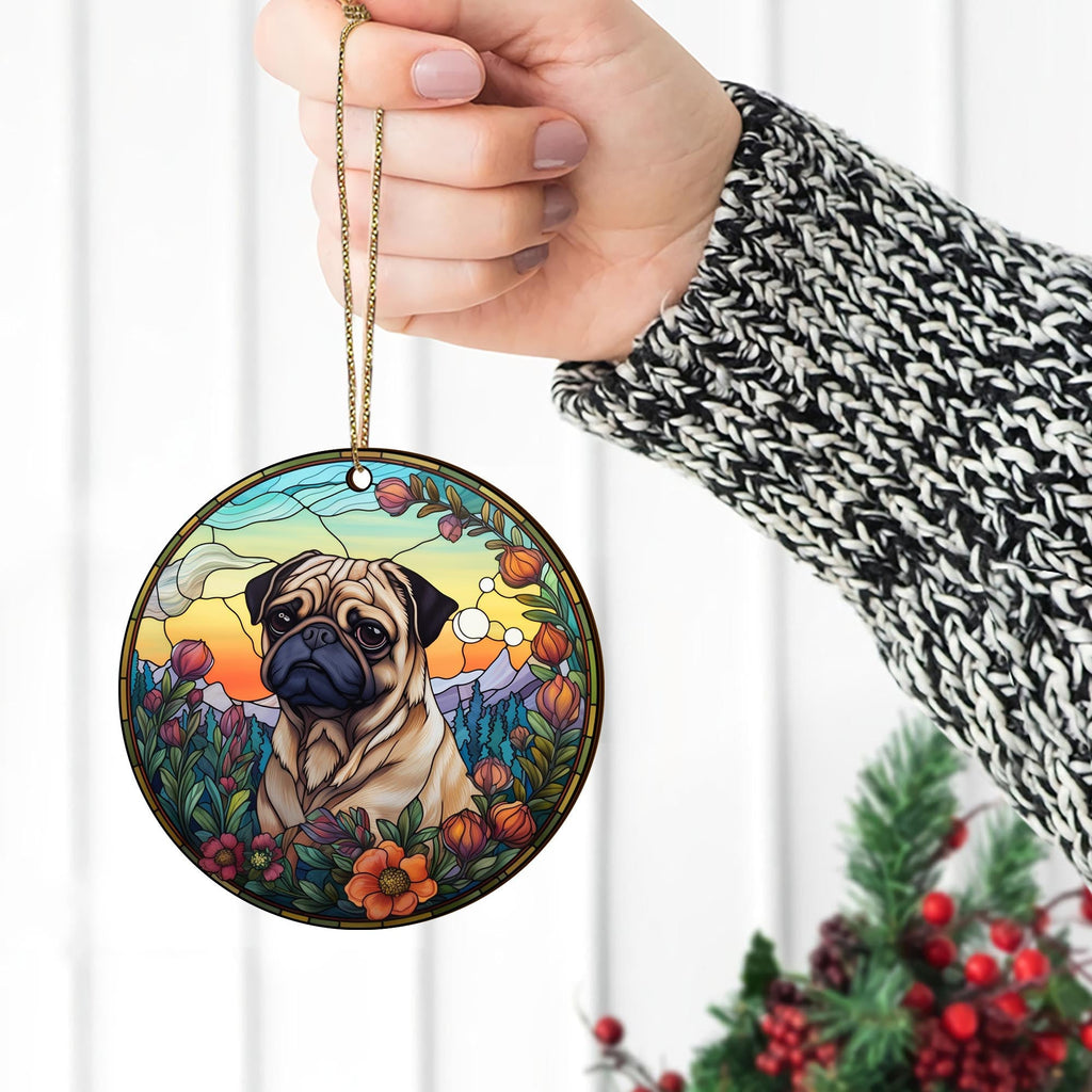 Pug Wooden Ornaments 2 Sides, Pug Ornaments For Christmas Tree, Christmas Tree Hanging Decorations