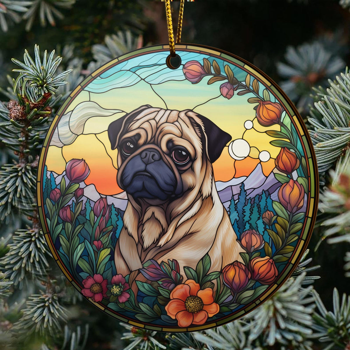 Pug Wooden Ornaments 2 Sides, Pug Ornaments For Christmas Tree, Christmas Tree Hanging Decorations