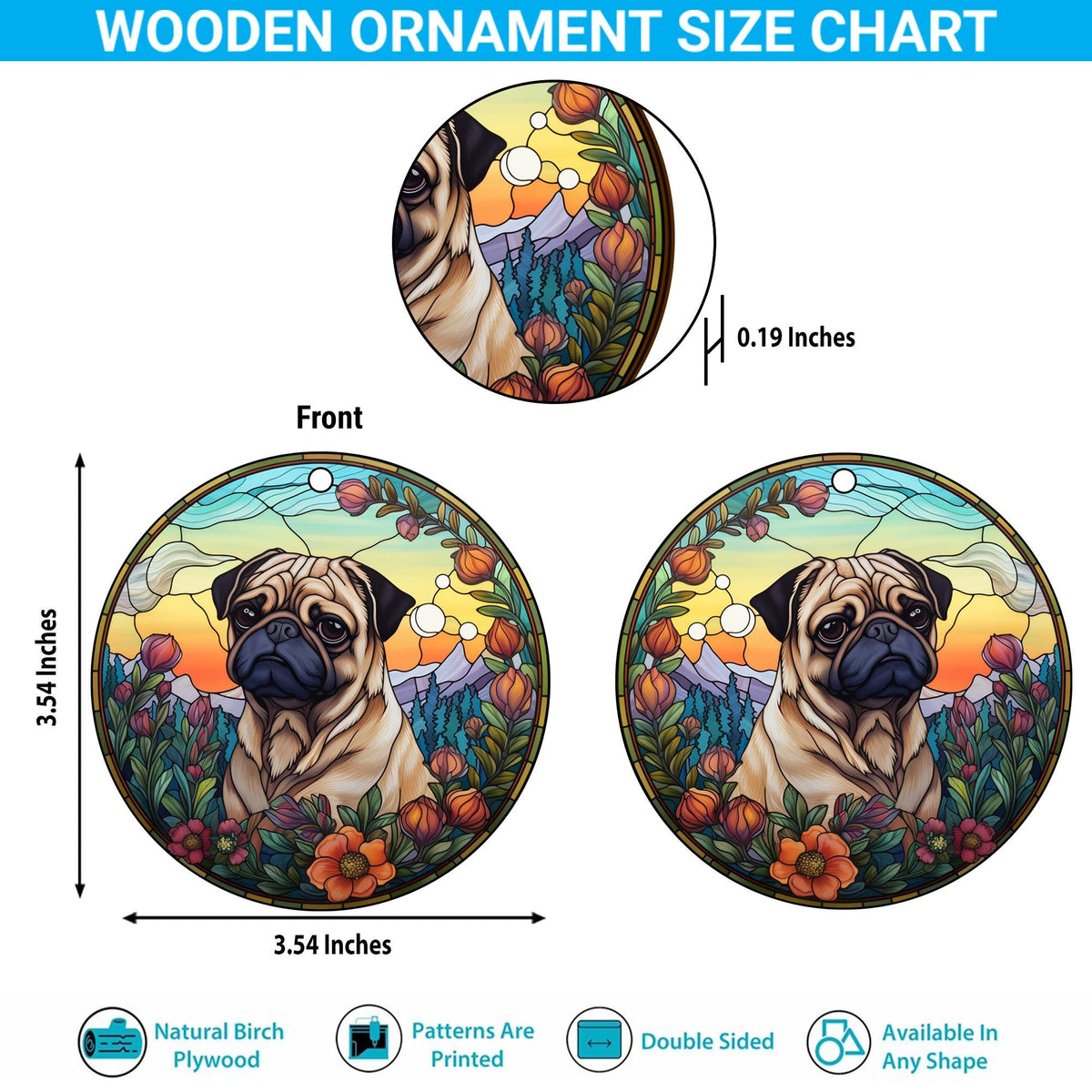 Pug Wooden Ornaments 2 Sides, Pug Ornaments For Christmas Tree, Christmas Tree Hanging Decorations