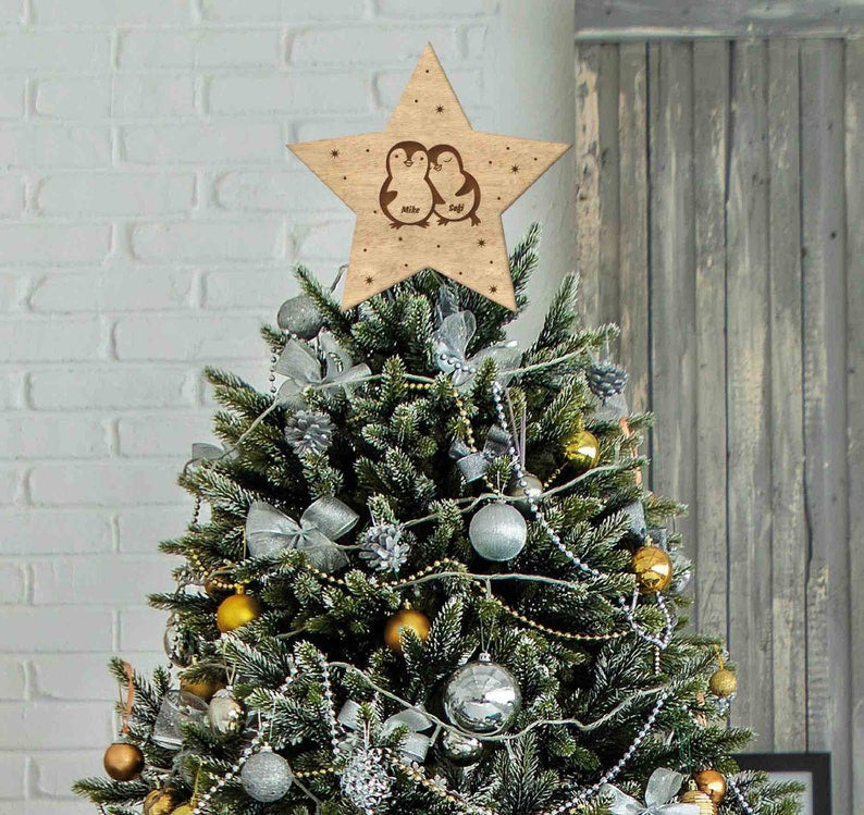 Penguins In Love Personalized Wood Ornament Customized Unique Tree Topper Christmas Tree Topper Star Chrismas Tree
