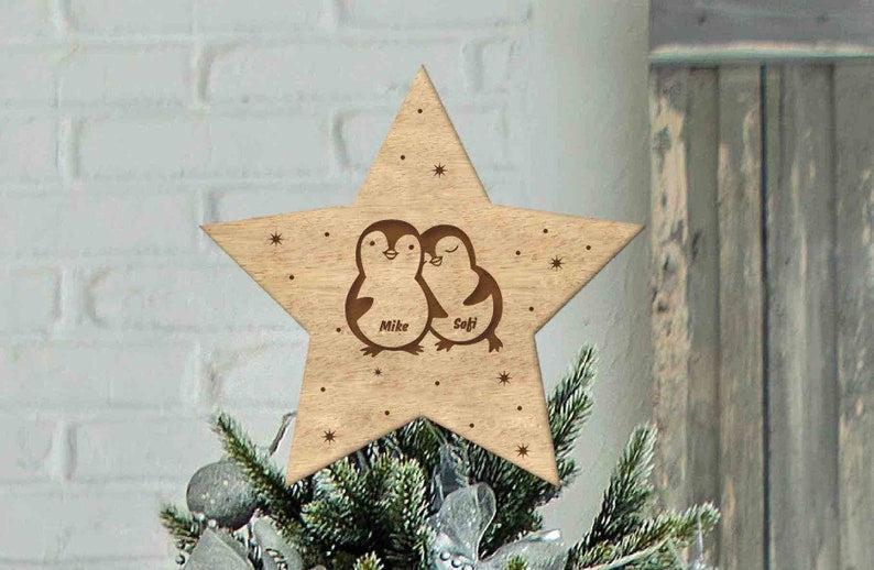 Penguins In Love Personalized Wood Ornament Customized Unique Tree Topper Christmas Tree Topper Star Chrismas Tree