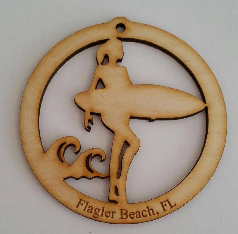 Surfer Girl Wood Hanging Ornament, Wood Christmas Tree Ornament Gift Decor Personalization