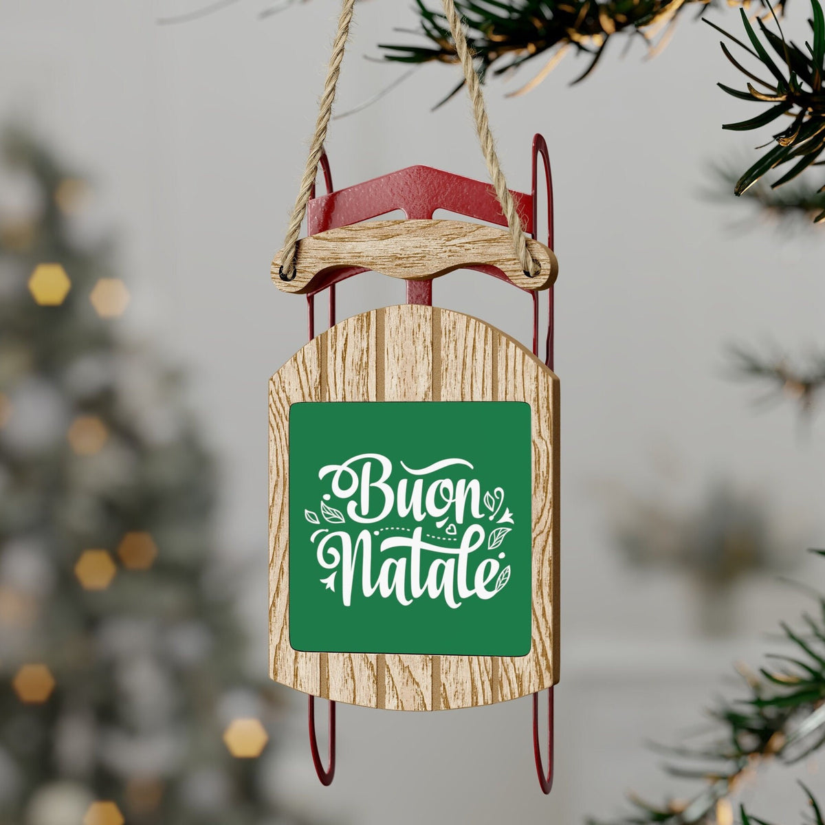 Buon Natale Ornament, Cute Red, Green And White Sled Christmas Tree Decoration, Italian Merry Christmas, Italy Travel Gift
