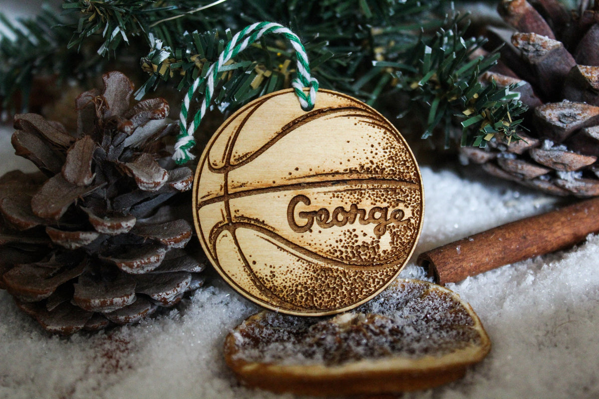 Personalised Basketball Christmas Sport Ornament Wood Custom Bauble Laser Engraved Rustic Wooden Name Personalise Tree Decoration Irish Nba