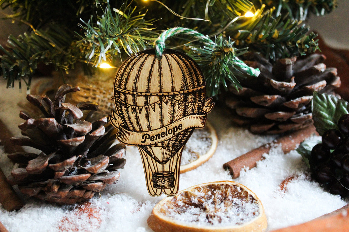 Personalised Hot Air Balloon Christmas Ornament Wood Custom Bauble Laser Engraved Rustic Wooden Name Personalise Tree Decoration Irish
