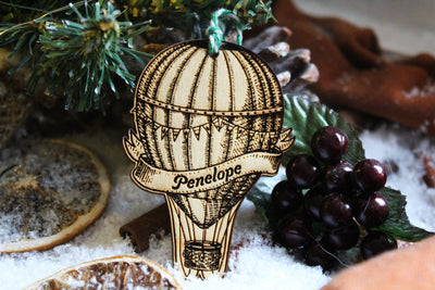 Personalised Hot Air Balloon Christmas Ornament Wood Custom Bauble Laser Engraved Rustic Wooden Name Personalise Tree Decoration Irish