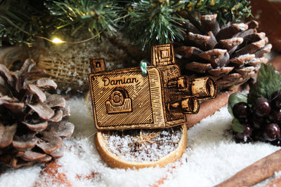 Personalised Film Maker Christmas Ornament Movies Camera Wood Custom Bauble Laser Engraved Rustic Wooden Filming Tree Decoration