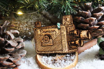 Personalised Film Maker Christmas Ornament Movies Camera Wood Custom Bauble Laser Engraved Rustic Wooden Filming Tree Decoration