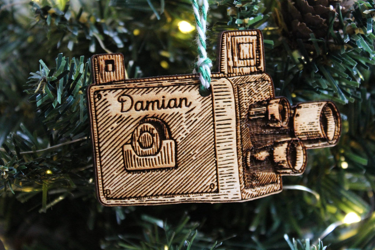 Personalised Film Maker Christmas Ornament Movies Camera Wood Custom Bauble Laser Engraved Rustic Wooden Filming Tree Decoration