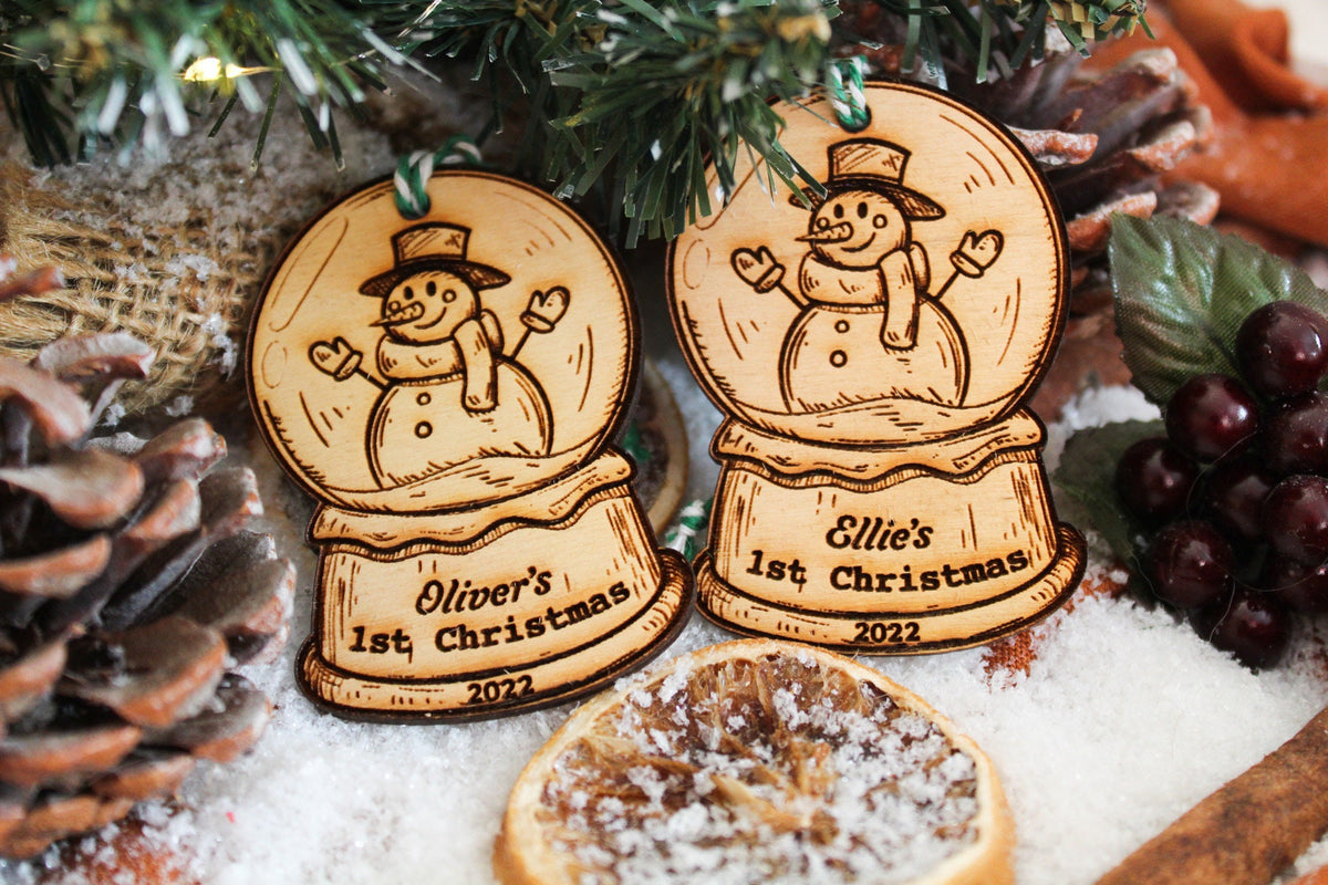 Baby First Christmas Ornament With Name Year Wooden Snow Globe Cute Bauble Laser Engraved Rustic Wooden 1st Personalised Decoration