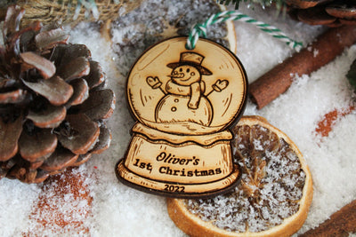 Baby First Christmas Ornament With Name Year Wooden Snow Globe Cute Bauble Laser Engraved Rustic Wooden 1st Personalised Decoration