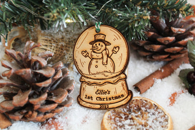 Baby First Christmas Ornament With Name Year Wooden Snow Globe Cute Bauble Laser Engraved Rustic Wooden 1st Personalised Decoration