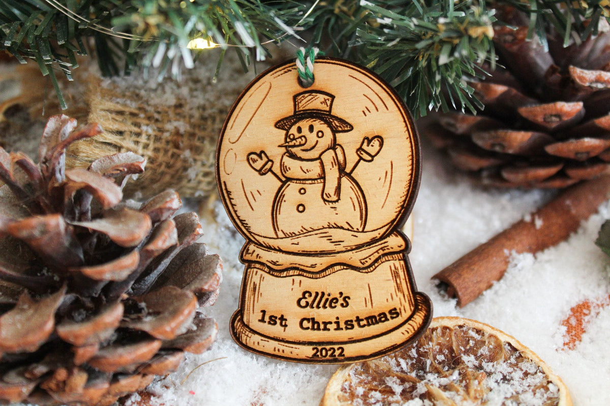 Baby First Christmas Ornament With Name Year Wooden Snow Globe Cute Bauble Laser Engraved Rustic Wooden 1st Personalised Decoration