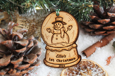 Baby First Christmas Ornament With Name Year Wooden Snow Globe Cute Bauble Laser Engraved Rustic Wooden 1st Personalised Decoration