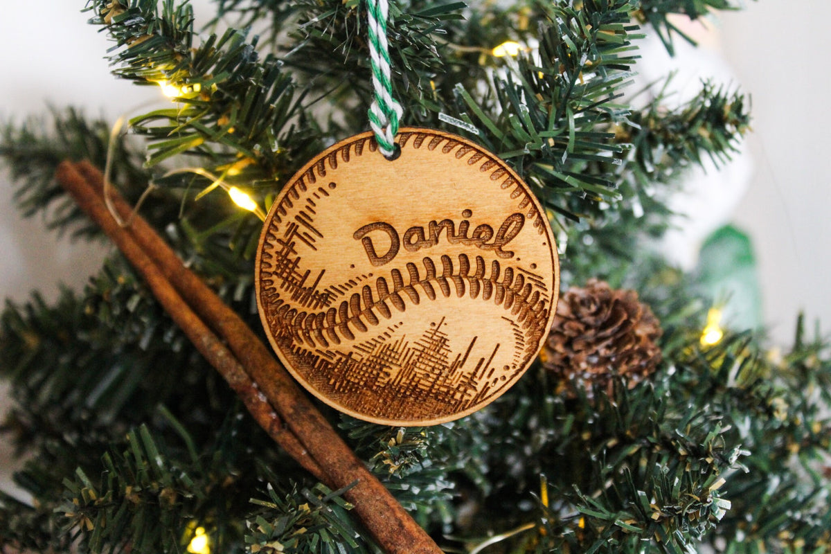 Personalised Baseball Christmas Ornament Rounders Wood Custom Bauble Laser Engraved Rustic Wooden Name Personalised Tree Decoration Irish