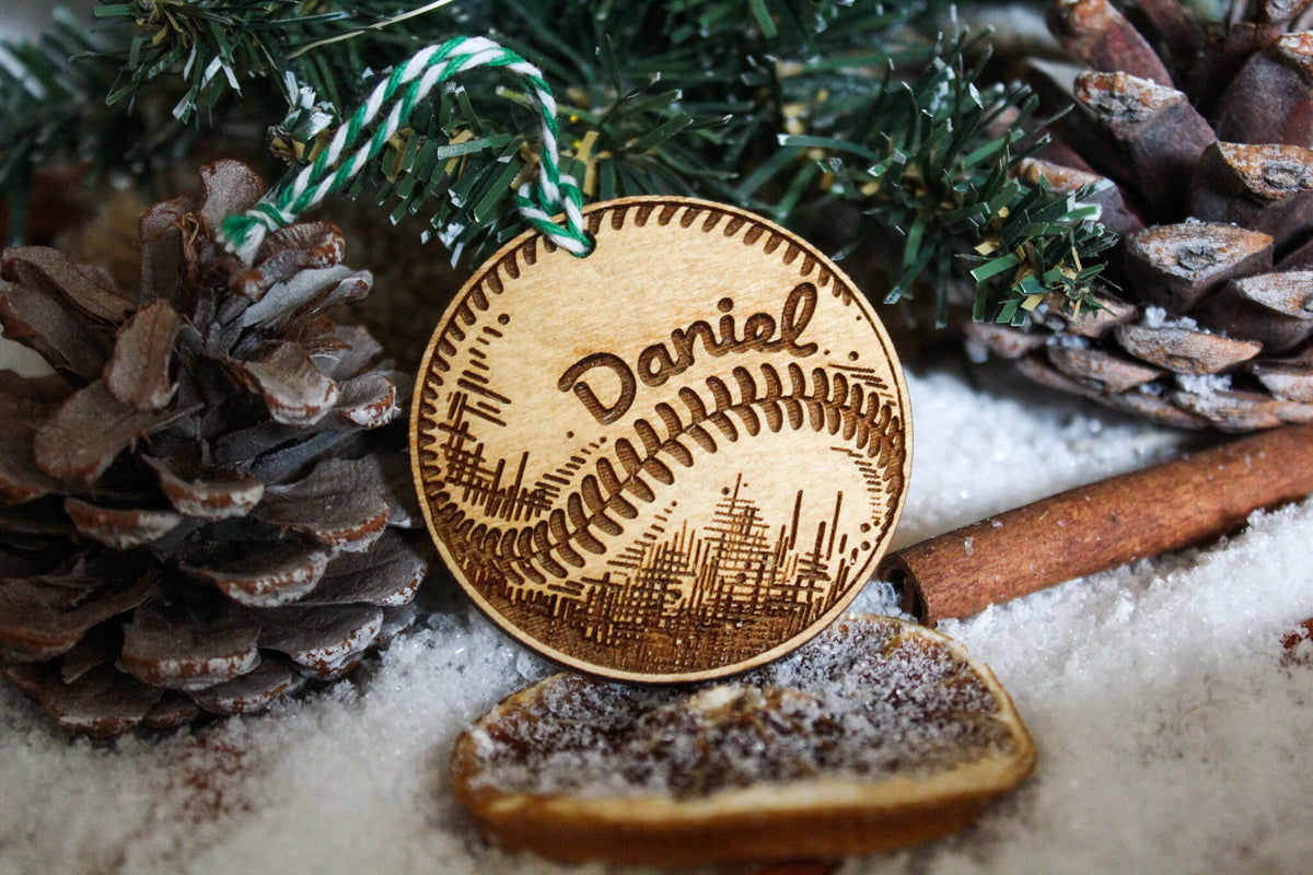 Personalised Baseball Christmas Ornament Rounders Wood Custom Bauble Laser Engraved Rustic Wooden Name Personalised Tree Decoration Irish