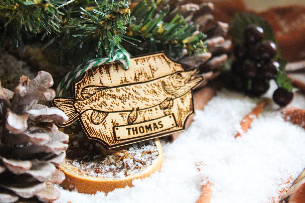 Personalised Fishing Christmas Ornament Angling Angler Wood Custom Bauble Laser Engrave Rustic Wooden Name Personalise Tree Decoration Irish