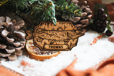 Personalised Fishing Christmas Ornament Angling Angler Wood Custom Bauble Laser Engrave Rustic Wooden Name Personalise Tree Decoration Irish
