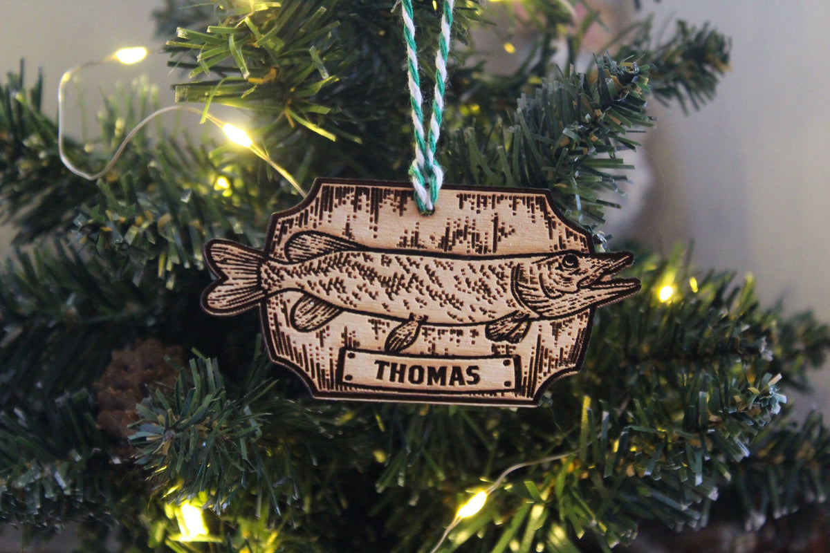 Personalised Fishing Christmas Ornament Angling Angler Wood Custom Bauble Laser Engrave Rustic Wooden Name Personalise Tree Decoration Irish