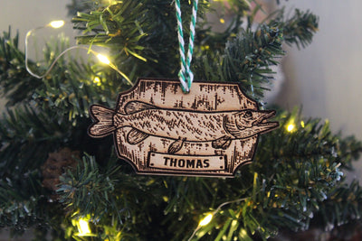 Personalised Fishing Christmas Ornament Angling Angler Wood Custom Bauble Laser Engrave Rustic Wooden Name Personalise Tree Decoration Irish