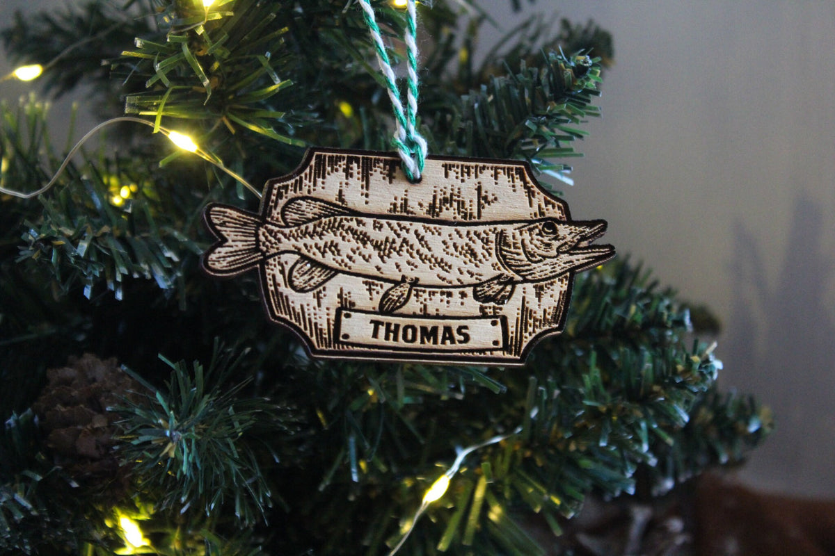 Personalised Fishing Christmas Ornament Angling Angler Wood Custom Bauble Laser Engrave Rustic Wooden Name Personalise Tree Decoration Irish