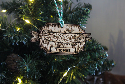 Personalised Fishing Christmas Ornament Angling Angler Wood Custom Bauble Laser Engrave Rustic Wooden Name Personalise Tree Decoration Irish