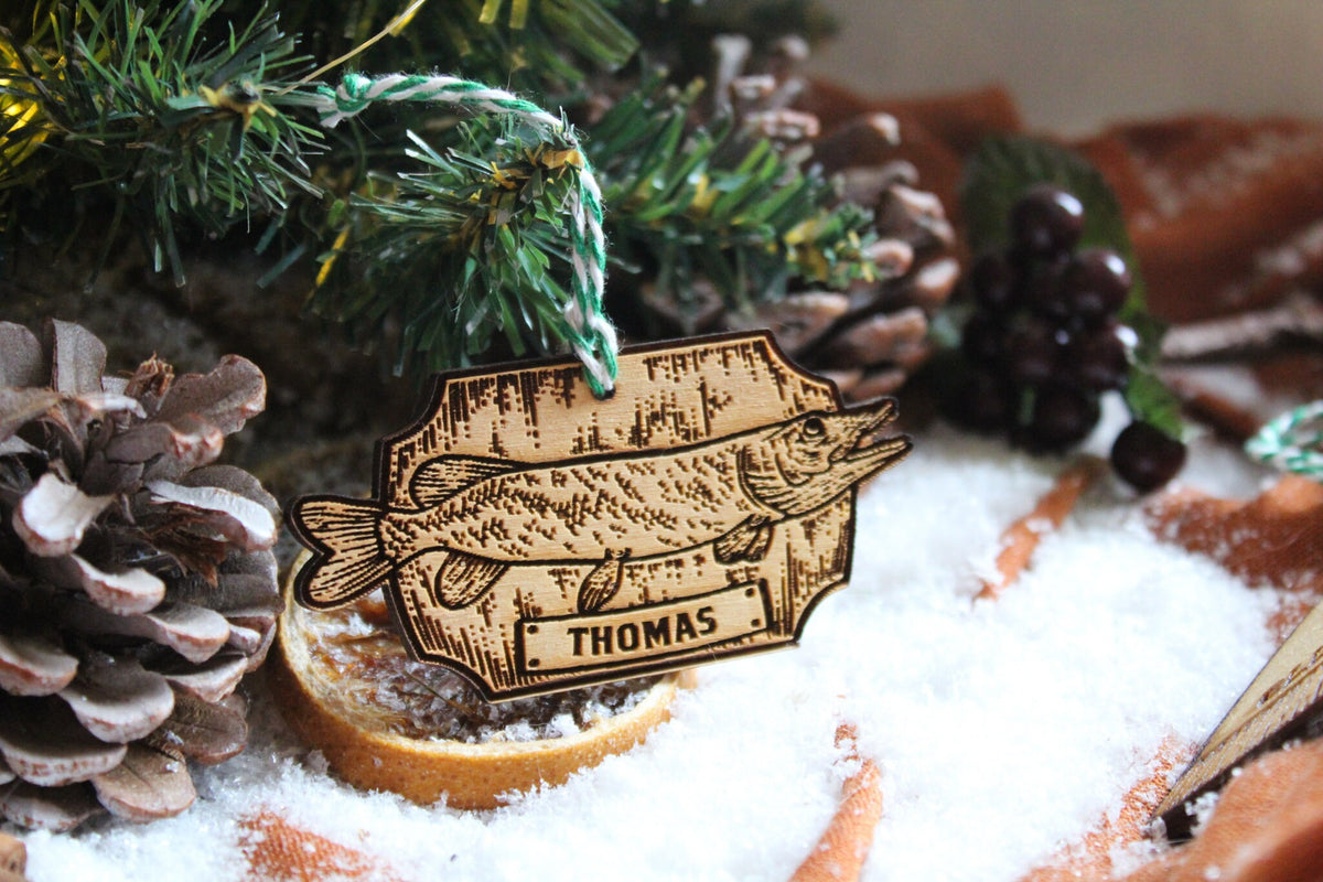 Personalised Fishing Christmas Ornament Angling Angler Wood Custom Bauble Laser Engrave Rustic Wooden Name Personalise Tree Decoration Irish