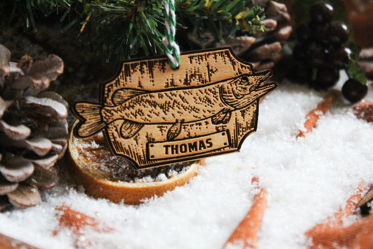 Personalised Fishing Christmas Ornament Angling Angler Wood Custom Bauble Laser Engrave Rustic Wooden Name Personalise Tree Decoration Irish