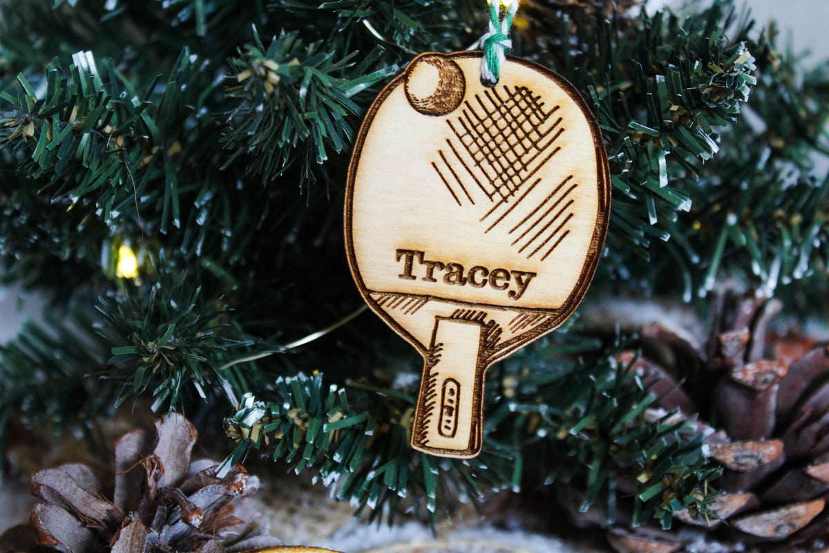 Personalised Table Tennis Paddle Christmas Ping Pong Ornament Wood Custom Bauble Laser Engraved Rustic Wooden Name Tree Decoration Irish