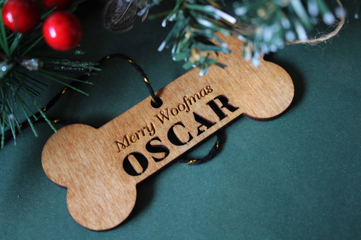 Personalised Dog Wooden Christmas Ornament Bauble Name Quirky Rustic Stocking Present Laser Wood Burned Ornate Wood Pet Bone Merry Woofers