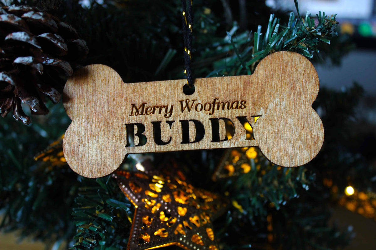 Personalised Dog Wooden Christmas Ornament Bauble Name Quirky Rustic Stocking Present Laser Wood Burned Ornate Wood Pet Bone Merry Woofers